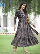 Women Black Chanderi Festive Printed Tiered Kurta